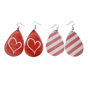 Earrings Heart Love Earrings Valentines Faux Leather Dangle White Red Pink B1